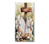 Copertura per porta esterna con croce pasquale primaverile, 91 x 182 cm, fiori di gigli, scrittura, striscione per porta anteriore e posteriore, decorazione per uscita, decorazione scenica per la casa