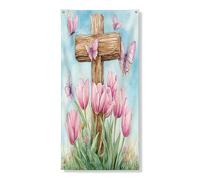 Copertura per porta esterna con croce pasquale primaverile, 91 x 182 cm, garofani ad acquerello fiori per porta anteriore e posteriore, decorazione per ingresso, decorazione scenica naturale per la