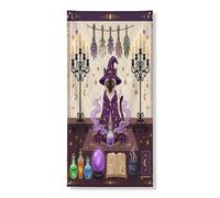 Copertura per porta esterna con gatto siamese strega di Halloween, 91 x 182 cm, retrò divertente strega magica per porta anteriore e posteriore, decorazione per uscita, decorazione spettrale per