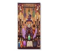 Copertura per porta esterna con panda rosso strega di Halloween, 91 x 182 cm, retro divertente magica raccapricciante strega anteriore e posteriore per porta d'ingresso, decorazione per uscita