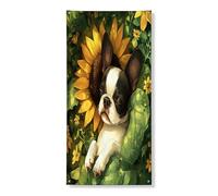 Copertura per porta esterna per cani Boston Terrier primaverile, 91 x 182 cm, con foglie di girasole, decorazione per porta anteriore e posteriore, divertente decorazione per portico interno per