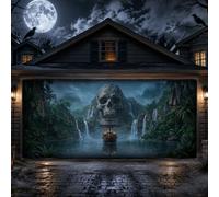 Copertura per porta garage con teschio gotico e nave a vela, 390 x 180 cm | Tema avventura gotica, Decorazioni per porte del garage, Paesaggio tropicale della giungla, cascate, misteriosa nave a vela