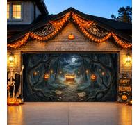 Copertura per porta garage con zucche di Halloween della foresta infestata | Tema foresta incantato, banner per porte da garage, accenti di zucca, misterioso tesoro, atmosfera infestata
