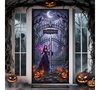 Copertura per porta gotica a tema fatina scura per Halloween, 91 x 182 cm | Cancello gotico in ferro battuto, striscione portico, misteriosa figura di fata oscura, accenti di zucche del raccolto