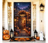 Copertura per porta Jack-o'-lanterns, motivo zucche per Halloween, 91 x 183 | Tema spettrale del gateway, Banner del portico, Accenti di zucche incandescenti, Magico skyline notturno