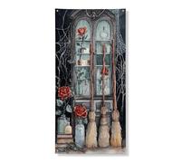 Copertura per porta vintage con strega decorativa, motivo floreale spettrale con manico di scopa per Halloween, per interni ed esterni, forniture stagionali festive, 91 x 183 cm