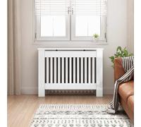 vidaXL Copriradiatore bianco lucido, 112 x 19 x 81,5 cm, copertura rettangolare moderna, protezione elegante, legno progettato, sicurezza per bambini per il riscaldamento