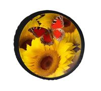 Copertura per ruota di scorta con girasoli gialli con farfalla rossa, in pelle PVC, antipolvere, impermeabile, copertura per pneumatici Jeep per camper da 28 pollici, rimorchi, camion, SUV, adatto per