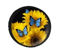 Copertura per ruota di scorta con girasoli gialli con farfalle blu, in pelle PVC, antipolvere, impermeabile, per camper, rimorchi, camion, SUV, diametro 71-86 cm