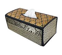 Copertura per scatola di fazzolettini, in giunco e vimini naturale eco sostenibile, e morbido tessuto di seta ricamato con elefanti B Black