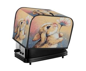 Copertura per tostapane a 4 fette, beige e rosa, con simpatico coniglietto che tiene un fiore, ideale per piccoli elettrodomestici da cucina come macchine per il pane, con tasche, protezione da polver