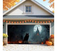 Copertura spettrale per porta del garage di Halloween, lupo nero e castello stregato grande decorazioni per porte del garage, decorazione autunnale per interni ed esterni, decorazione per feste di