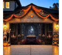 Copertura spettrale per porta del garage, stile gotico, scena di Halloween | Tema della casa infestata, bandiera della porta del garage, figura di scheletro, candelabro, architettura gotica