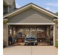 Copertura vintage per porta del garage, design rustico con vecchie storie, marrone e nero, decorazione per esterni per officina, perfetta per casa e garage in tutte le stagioni, 400 x 180 cm