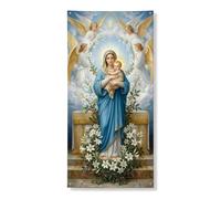 Coperture classiche per porta con ritratto religioso della Vergine Maria e | Arte religiosa, striscione per porta d'ingresso, atmosfera serena, gigli bianchi, figure angeliche, decorazioni spirituali