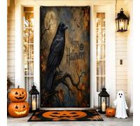 Coperture decorative per porte a forma di corvo, con zucche rustiche gotiche, luna, Halloween, nero, con corda da appendere, decorazione per la casa, per porte, pareti, portico, feste, 91 x 182 cm