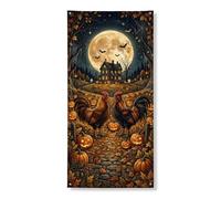 Coperture decorative per porte a forma di gallo, con zucche rustiche autunnali, luna, Halloween, arancione, con corda, striscione per porta d'ingresso, portico, interni ed esterni, 91 x 182 cm