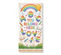 Coperture decorative per porte arcobaleno, giocoso e colorato, con sole, cuori primaverili gialli con corda, striscione per porta d'ingresso, portico, interni ed esterni, 91 x 182 cm