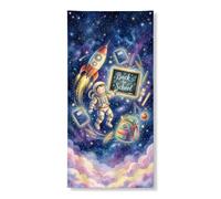 Coperture decorative per porte con astronauta, fantasioso razzo spaziale ritorno al campus, blu con corda per porta d'ingresso, sfondo per la casa, per portico, patio, interni ed esterni, 91 x 182 cm