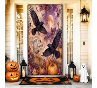 Coperture decorative per porte con corvo, fantasiose zucche luna, Halloween, viola, con corda da appendere, decorazione per la casa, per portico, patio, porta, feste, 91 x 182 cm