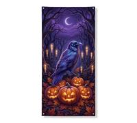 Coperture decorative per porte con corvo, gotico spettrale zucche, candela viola con corda, sfondo per porta d'ingresso, portico, interni ed esterni, 91 x 182 cm