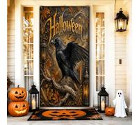 Coperture decorative per porte con corvo, motivo gotico stagionale con zucche e foglie, Halloween, nero, con corda da appendere, striscione per la casa, per portico, parete, interni ed esterni, 91 x
