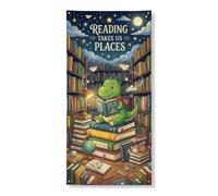 Coperture decorative per porte con dinosauro, fantasiosi libri fantasiosi con mappamondo verde con corda, decorazione per la casa, per portico, porta, interni ed esterni, feste, 91 x 182 cm