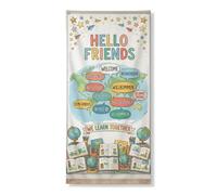 Coperture decorative per porte con mappa del mondo, globi educativi e accoglienti con stelle, multiculturale, blu con corda, sfondo per porta d'ingresso, decorazione per la casa, per portico, patio