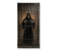 Coperture decorative per porte con scheletro, gotico spettrale, catene per Halloween, nero, con corda da appendere, decorazione per la casa, per portico, patio, interni ed esterni, 91 x 182 cm