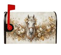 Coperture magnetiche per cassetta delle lettere a tema raccolta dei cavalli | Ritratto di cavallo bianco, copertura della cassetta delle lettere, raccolta delle zucche, foglie di quercia autunnali
