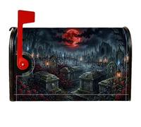 Coperture magnetiche per cassetta postale a tema Halloween del cimitero | Luna rossa sangue, copertura per cassetta postale, recinzione gotica in ferro, accenti lapide, rose scure