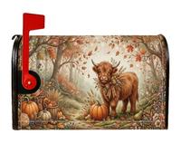 Coperture magnetiche per cassetta postale autunnale con mucca delle | Illustrazione della mucca delle Highland, copertura della posta della cassetta postale, zucche del raccolto autunnale