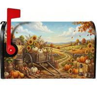 Coperture magnetiche per cassetta postale autunnale con zucche e girasoli | Carrello in legno rustico, copertura per cassetta delle lettere, bouquet di girasoli, paesaggio pastorale