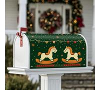 Coperture magnetiche per cassetta postale con cavallo a dondolo, festivo vintage, con bandierine natalizie, colore verde, decorazione per portico anteriore, 53 x 64 cm
