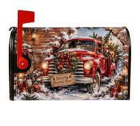 Coperture magnetiche per cassetta postale con citazione natalizia a forma | Camion rosso vintage, copertura per cassetta delle lettere, muro di mattoni innevato, albero di pino festivo