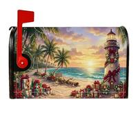 Coperture magnetiche per cassetta postale con faro tropicale costiero | Spiaggia tropicale, copertura per cassetta postale, paesaggio al tramonto, palme, fiori di stella di Natale, scatole regalo