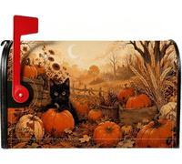 Coperture magnetiche per cassetta postale con gatto e zucche, scena | Toppa a forma di zucca, copertura per cassetta delle lettere, paesaggio rustico, luna crescente, tema raccolto