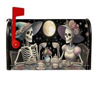 Coperture magnetiche per cassetta postale con scheletro, per Halloween con tazza da tè fantasiosa e luna, copertura nera per cassetta delle lettere per esterni, giardino, cortile, 53 x 64 cm