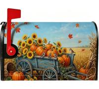Coperture magnetiche per cassetta postale con zucche raccolte autunnali | Bouquet di girasoli, copertura per cassetta delle lettere, vagone in legno rustico, tema raccolto, paesaggio rurale