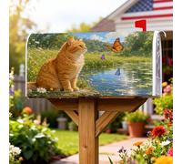 Coperture magnetiche per cassette postali a forma di gatto, con fiori primaverili naturali e farfalle, colore arancione, per decorare la casa e il giardino, 53 x 64 cm