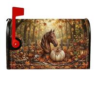 Coperture magnetiche per cassette postali autunnali con cavallo e zucche | Ritratto di cavallo, copertura della cassetta delle lettere, foresta autunnale, raccolta di zucche, recinzione rustica