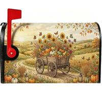 Coperture magnetiche per cassette postali autunnali con girasoli e zucche | Carro in legno, copertura per cassetta delle lettere, zucche del raccolto, farfalle, paesaggio di campagna