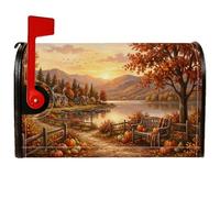Coperture magnetiche per cassette postali autunnali con zucche raccolte | Paesaggio scenico, copertura per cassetta postale, tema raccolto, cottage in riva al lago, recinzione rustica
