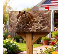 Coperture magnetiche per cassette postali con cavalli, stile rustico con gigli di campagna e piume, colore marrone, protezione per la decorazione del prato, 45,7 x 53,7 cm