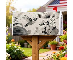 Coperture magnetiche per cassette postali con colibrì, motivo botanico monocromatico, fiore e piuma, copertura per cassetta postale nera, per decorazioni per la casa e il giardino, 53 x 64 cm