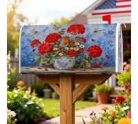 Coperture magnetiche per cassette postali con gerani, rustiche e vintage, motivo margherite con uccelli, colore rosso, decorazione per giardino, patio, 45,7 x 53,3 cm
