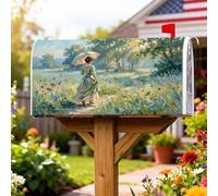Coperture magnetiche per cassette postali con motivo donna con ombrellone, fiori rustici impressionisti, farfalle, verde primavera, per decorazione esterna da cortile, 45,7 x 53,3 cm