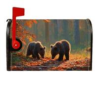 Coperture magnetiche per cassette postali con orsi, natura rustica autunnale con foglie autunnali, foresta autunnale, pelle marrone per la decorazione del portico anteriore, 53 x 64 cm