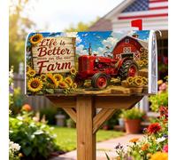 Coperture magnetiche per cassette postali con trattore, cartello in legno rustico con girasoli, copertura estiva per cassetta postale rossa, per decorazione del cortile anteriore, 45,7 x 53,7 cm