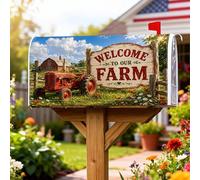 Coperture magnetiche per cassette postali con trattore, cartello rustico con fiori estivi rossi stagionali per decorazione per giardino, cortile, 53 x 64 cm